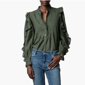 Kaki Green, Size S Like New Timmy Tomboy Ruffle Cotton Blend Blouse